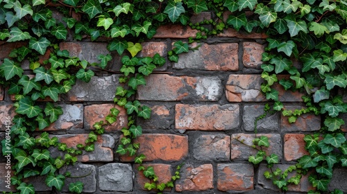 Ivy brick wall texture background. Old brick blocks wall and green creeper, ancient bricks fence, retro stonewall with copy space