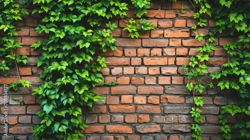 Ivy brick wall texture background. Old brick blocks wall and green creeper, ancient bricks fence, retro stonewall with copy space