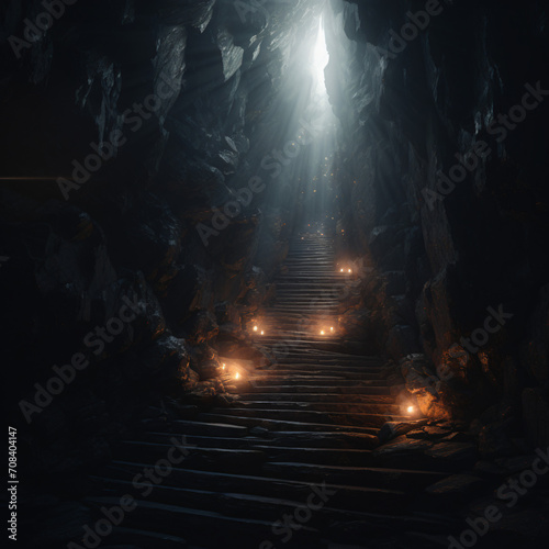 Stairs in a dark cave