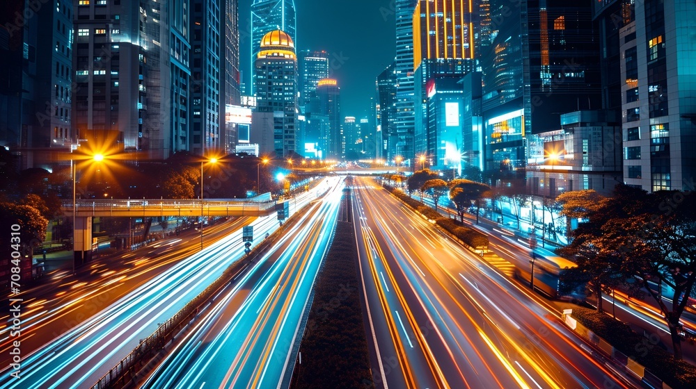 Long exposure photo, traffic on a bustling city during nighttime.