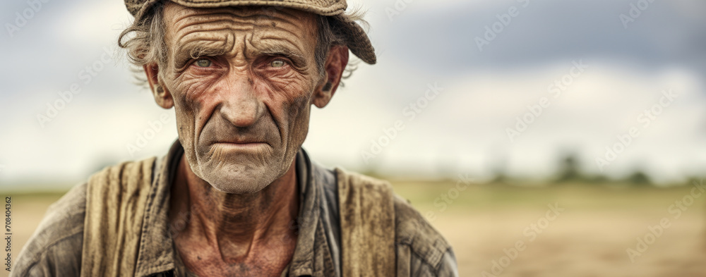 Portrait Close-up of farmer man in field with a firm and confident expression of his face, speaking of diligence, fortitude, against blurred background. Endurance and perseverance. Banner. Copy space Portrait Close-up of farmer man in field with a firm and confident expression of his face, speaking of diligence, fortitude, against blurred background. Endurance and perseverance. Banner. Copy space