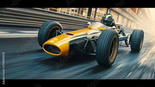 A mid 1960-s style Formula 1 race car, body in yellow and black, racing at high speed!