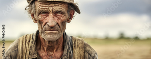 Portrait Close-up of farmer man in field with a firm and confident expression of his face, speaking of diligence, fortitude, against blurred background. Endurance and perseverance. Banner. Copy space