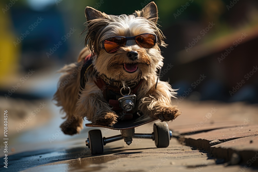 Fototapeta premium Funny dog in sunglasses on a skateboard. Entertainment and active lifestyle concept. Pet stores and pet supplies