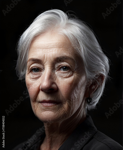 Old woman's face, wrinkles on face, white hair, isolated black background © Thachakrit