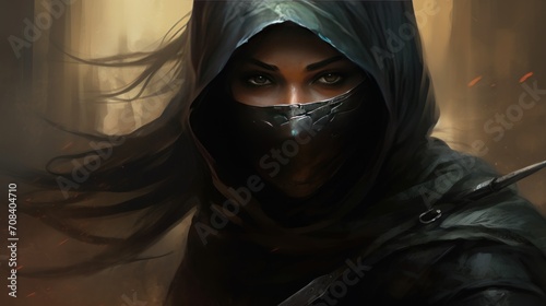 Futuristic female ninja mysterious black hood AI generated image photo