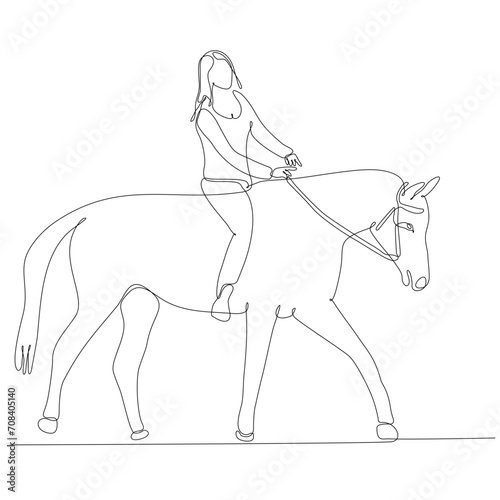 continuous line drawing woman riding horse vector illustration
