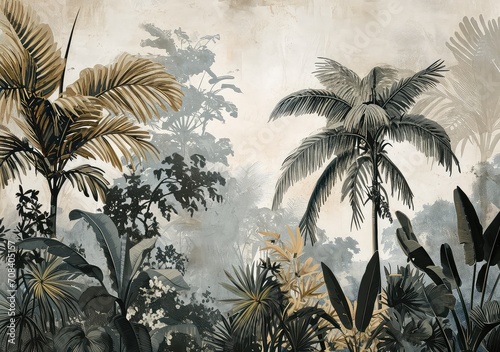 Fototapeta Naklejka Na Ścianę i Meble -  Watercolor pattern wallpaper. Painting of a jungle landscape.