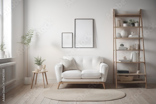 Wooden ladder shelf and white armchair in scandinavian interior design of modern living room 