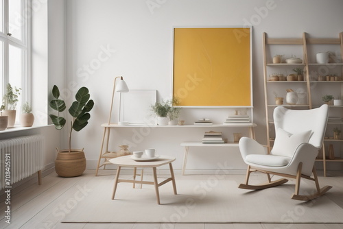 Wooden ladder shelf and white armchair in scandinavian interior design of modern living room  © Marko