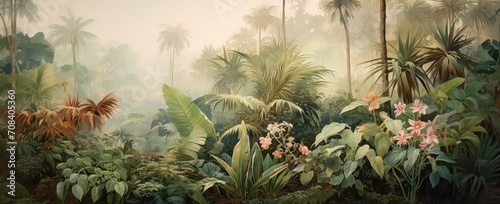 Watercolor pattern wallpaper. Painting of a jungle landscape.