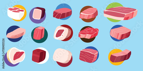 vector collection of flat illustrations collection of beef, goat, pork, chicken. icon or symbol of raw meat.
