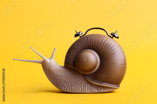 Snail with alarm clock bells on isolated vivid yellow background. Minimal aesthetic creative concept of summer vacation or summer leisure. The idea that time passes slowly. photo