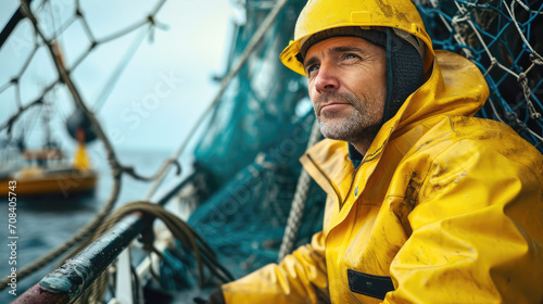 an elderly man fisherman in a yellow jacket on an industrial fishing boat against the background of nets and a fishing trawl