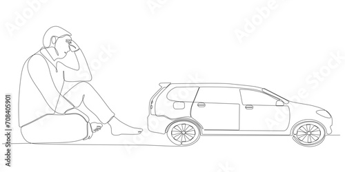 continuous line of sad men wanting to buy a car