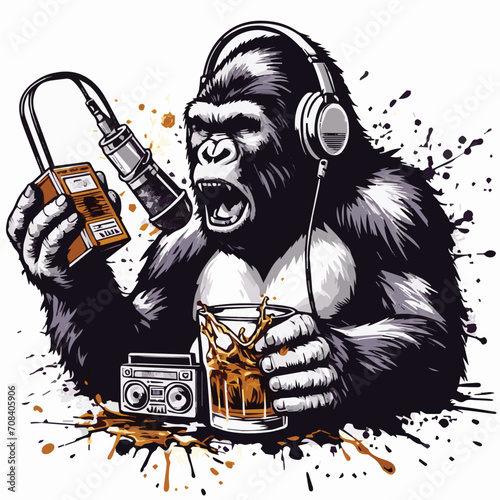 Gorilla Singing On Mic with Whiskey Vector Illustations photo