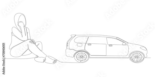 continuous line of sad woman wanting to buy a car