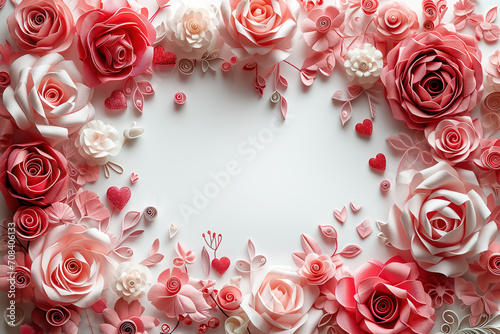 frame made of pink roses and hearts in paper craft style