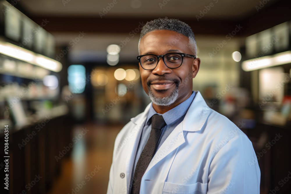 Fototapeta premium A confident black pharmacist, dressed in a lab coat and glasses, stands with arms crossed and an engaging smile. Generative Ai.