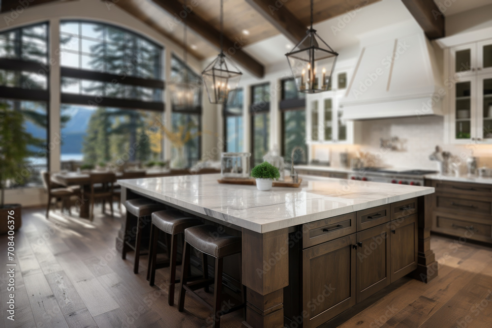 A traditional kitchen in a beautiful new luxury home with hardwood floors, wood beams, and a spacious island featuring quartz countertops. The kitchen includes a farmhouse sink. Generative Ai.