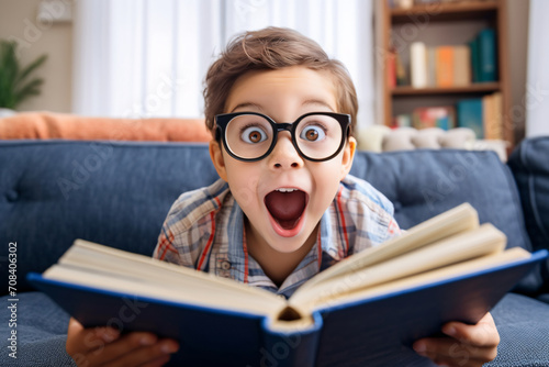 boy wearing glasses sitting and reads on sofa in living room at home. Smiling joyfully with surprise and excitement. Open your mouth and shout wow. learning and imagination. Soft focus and blurred.