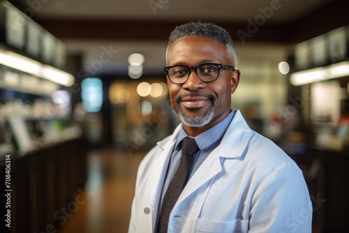A confident black pharmacist, dressed in a lab coat and glasses, stands with arms crossed and an engaging smile. Generative Ai.