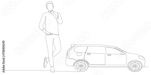 continuous line of men thinking about wanting to buy a car