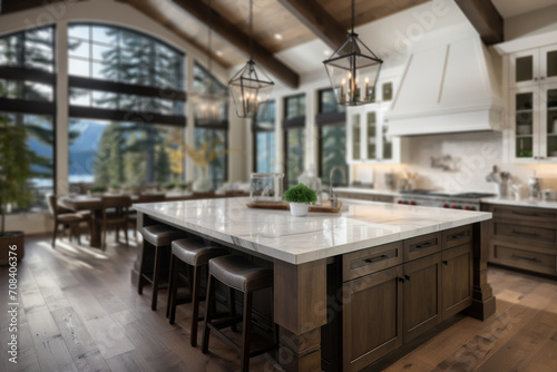 A traditional kitchen in a beautiful new luxury home with hardwood floors, wood beams, and a spacious island featuring quartz countertops. The kitchen includes a farmhouse sink. Generative Ai.