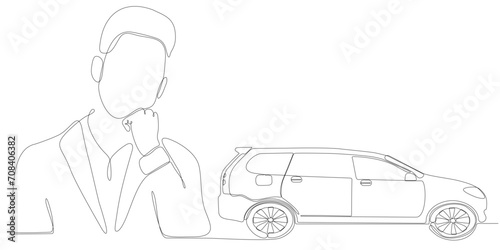 continuous line of men thinking about wanting to buy a car