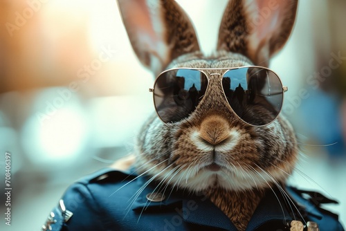 Cool Easter bunny with sunglasses as a police officer. photo