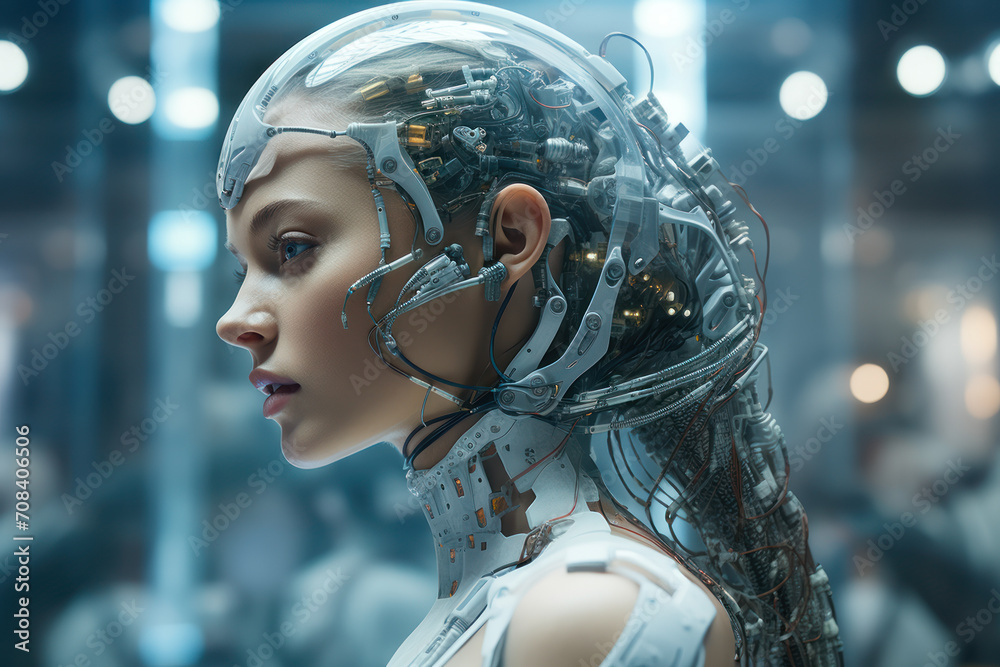 A human augmented with advanced cybernetic enhancements, showcasing the integration of technology and biology. Concept of cybernetic evolution. Generative Ai.