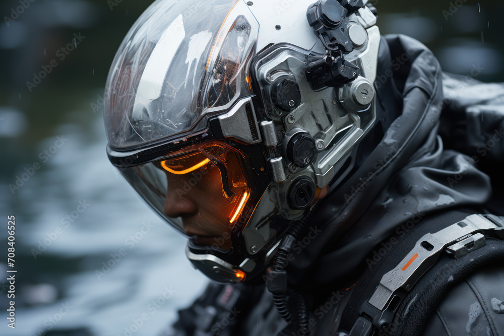 An individual wearing a sleek, self-adjusting environmental suit, symbolizing the adaptation to extreme conditions in the year 2200. Concept of adaptive survival. Generative Ai. An individual wearing a sleek, self-adjusting environmental suit, symbolizing the adaptation to extreme conditions in the year 2200. Concept of adaptive survival. Generative Ai.