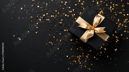 Elegant Celebration: Top View Photo of Black Giftbox with Satin Ribbon Bow and Shiny Sequins on Isolated Background – Perfect for Birthdays, Holidays, and Special Occasions