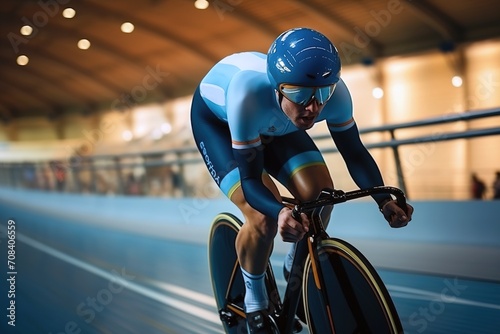 Athlete with a bicycle at a velodrome