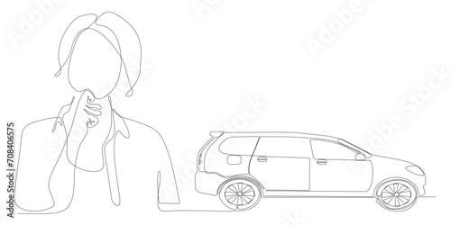 
continuous line of women thinking about wanting to buy a car
