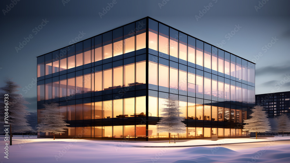 photo of office building in the middle of winter. snowfall at night photo of office building in the middle of winter. snowfall at night
