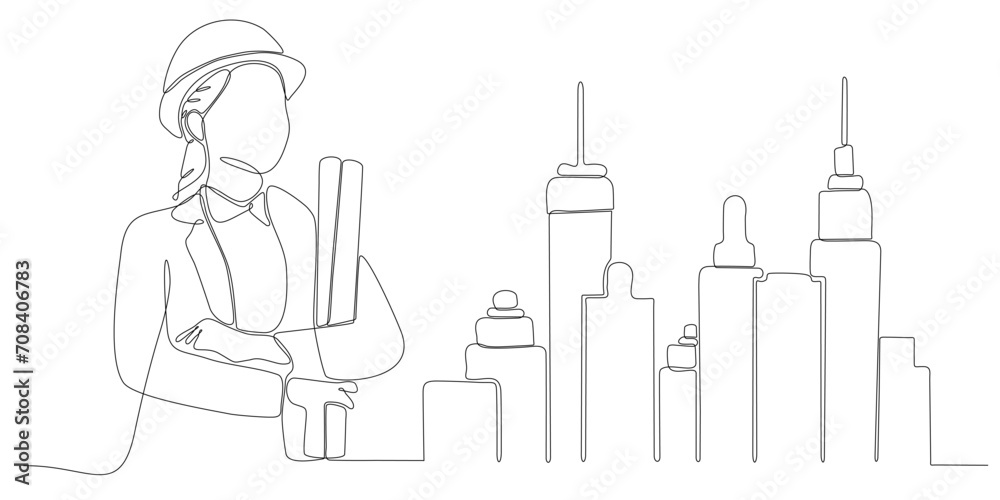 Fototapeta premium continuous line art of architect constructing building