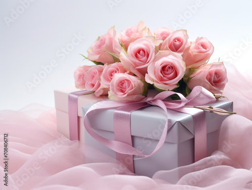 Gift and Bouquet of delicate roses with silk ribbons