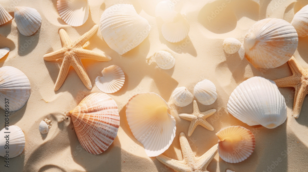 starfish and seashells on the beach sand starfish and seashells on the beach sand