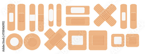 A set of medical bandages of various shapes. Various forms of adhesive tape for first aid. Medical icons. Vector