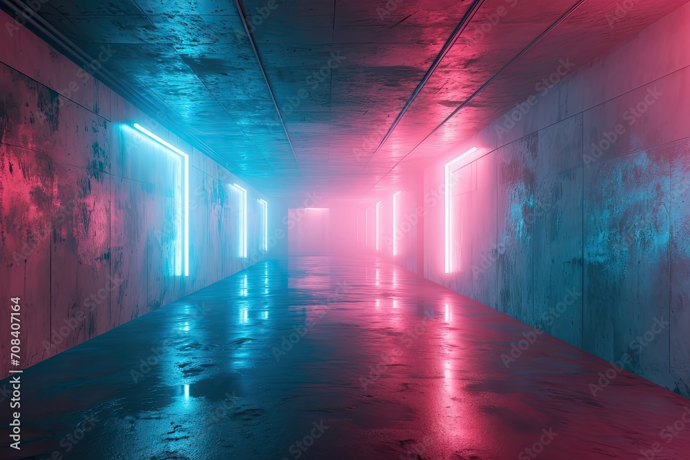 Abandoned empty corridor with concrete walls and columns and fog. Pink and blue neon lights illuminate the building.