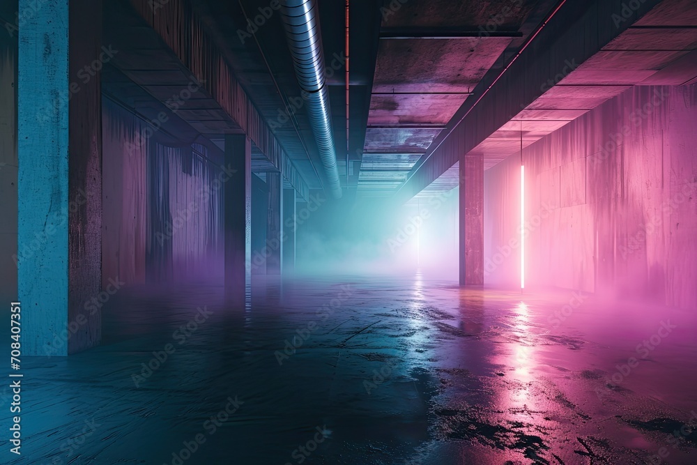 Abandoned empty corridor with concrete walls and columns and fog. Pink neon lights illuminate the building.