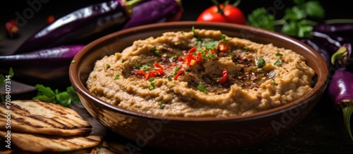 Moutabal eggplant dip with red pepper garnish in a bowl.