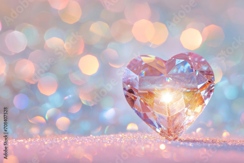 A translucent heart-shaped diamond glistens brilliantly atop a glittery surface  bathed in a dreamy bokeh of soft pink and blue lights  evoking romance and luxury