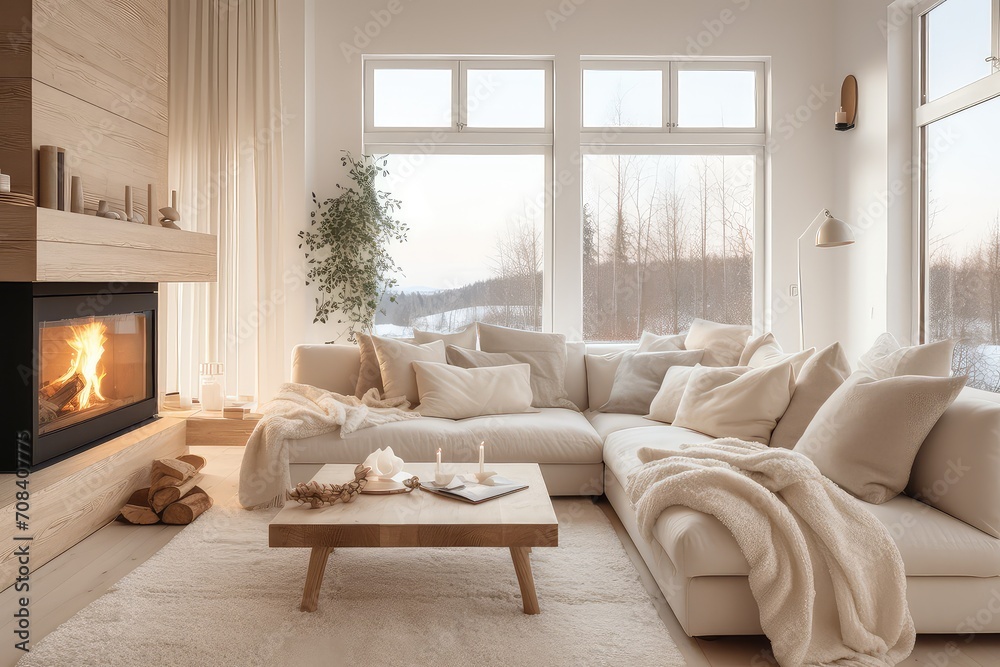 Fototapeta premium Light living room in Scandinavian style with a fireplace. Modern interior.