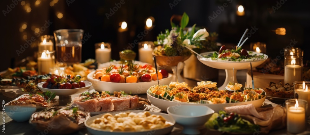 Diverse snacks and dishes for holiday on buffet table. Beautifully decorated banquet table with food and appetizers.