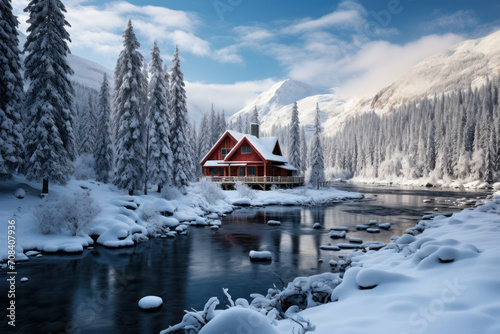 A cozy cabin nestled in a snowy landscape, surrounded by evergreen trees, representing the idyllic retreat for a peaceful holiday getaway. Generative Ai. © Sebastian