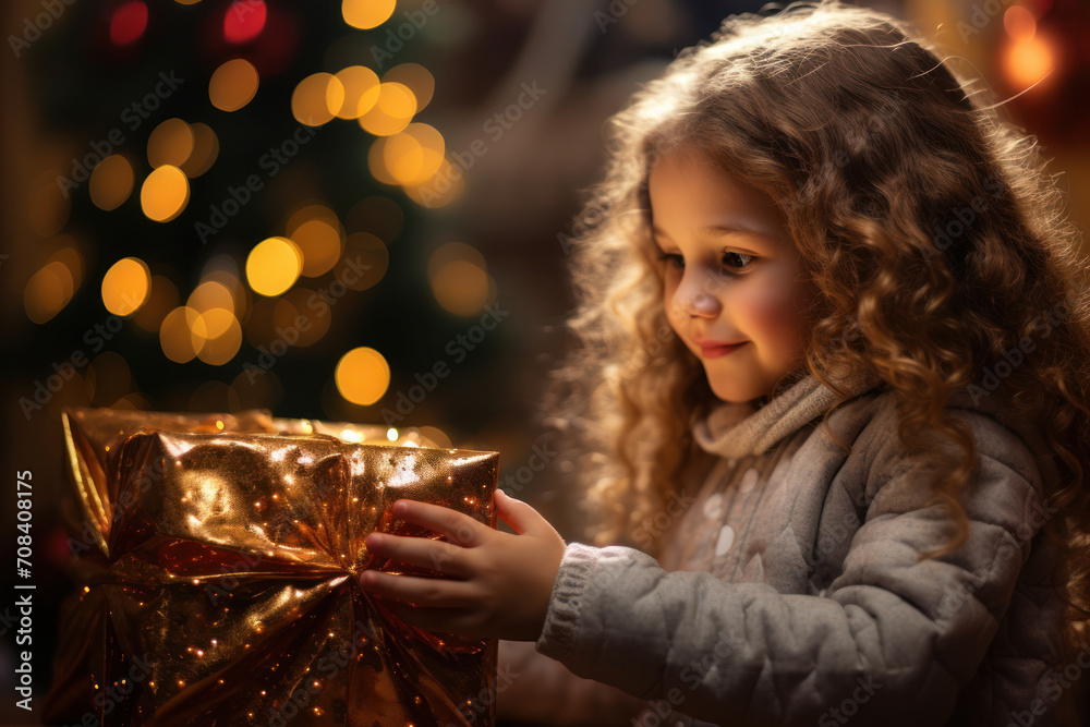 A child eagerly unwrapping a present, their eyes filled with wonder and excitement, embodying the magic of the holiday season through the eyes of a child. Generative Ai. A child eagerly unwrapping a present, their eyes filled with wonder and excitement, embodying the magic of the holiday season through the eyes of a child. Generative Ai.