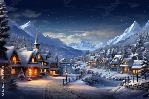 A panoramic view of a snow-covered village, complete with twinkling lights and holiday decorations, radiating a sense of charm and coziness. Generative Ai. © Sebastian