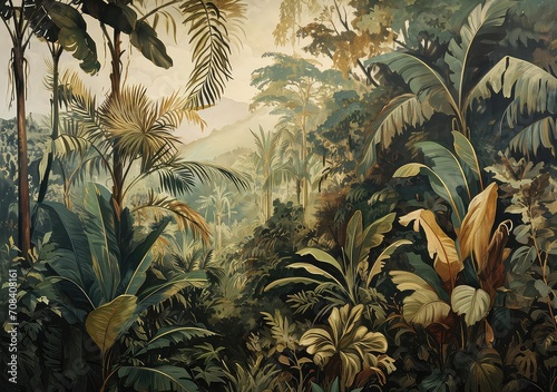 Retro wallpaper of a jungle landscape. 